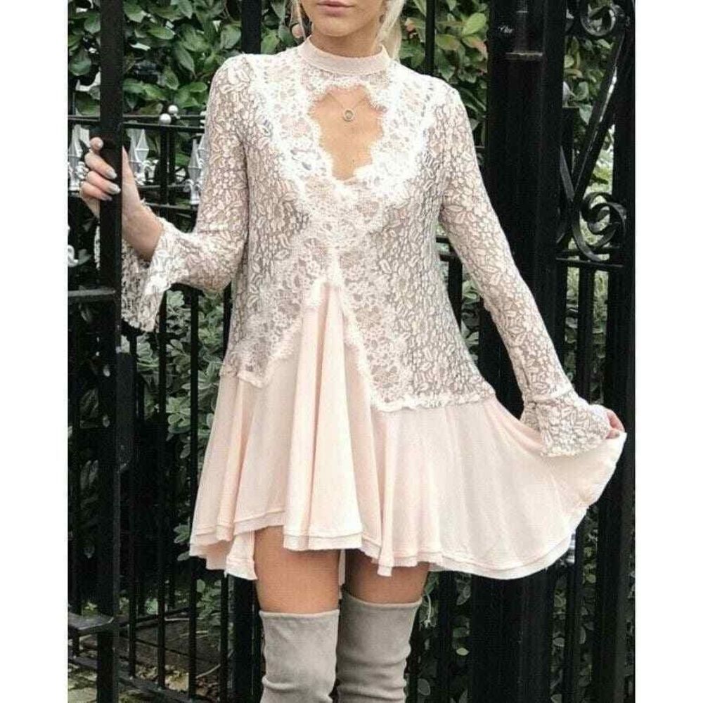 Free People Tunic Dress S Lace Cutout Preppy Romantic Festival Boho Chic Pink